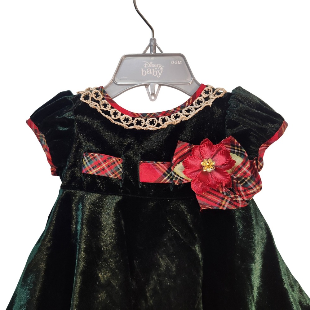 Bonnie Baby Girls Velvet Plaid Trim Dress 0-3M Christmas Holiday Green‎